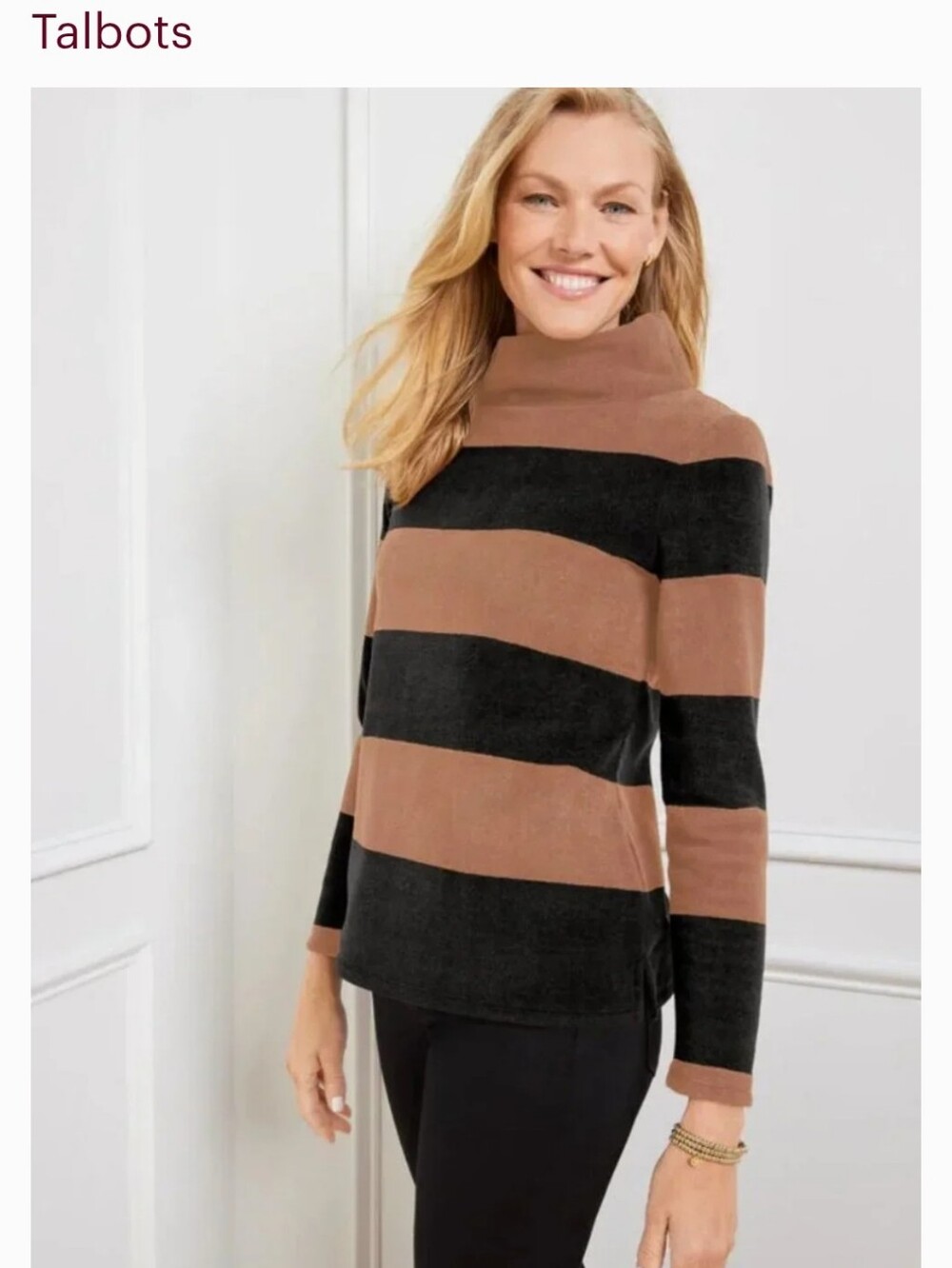 Talbots Black & Camel Wide-Stripe Mock Neck Fleece Pullover- Large Petite